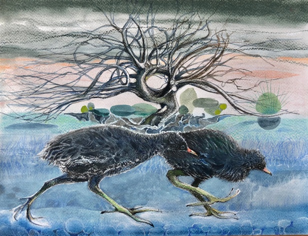 Running moorhens painting